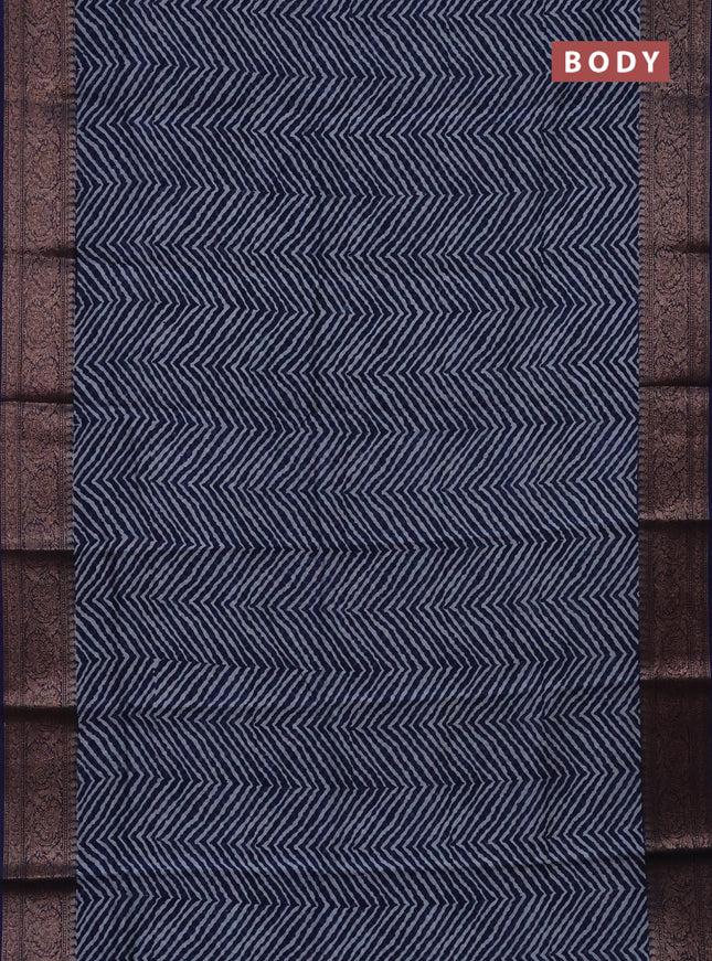 Chanderi silk cotton saree navy blue with allover zig zag prints and banarasi style border
