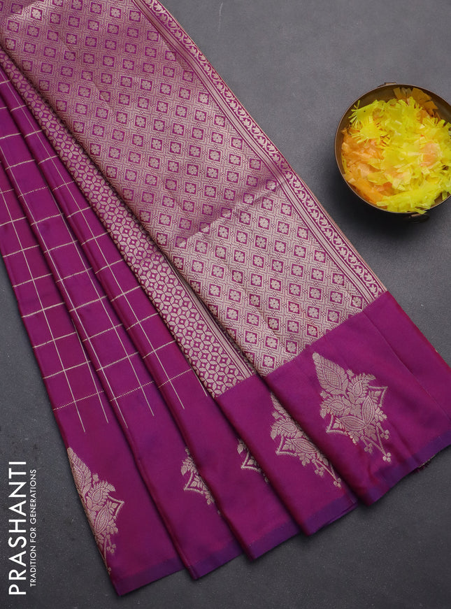 Semi soft silk saree purple with allover zari woven checked pattern and zari woven butta border
