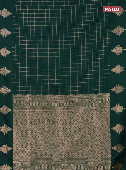 Semi soft silk saree green with allover zari woven checked pattern and zari woven butta border