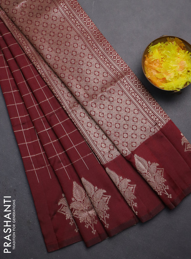 Semi soft silk saree maroon with allover zari woven checked pattern and zari woven butta border