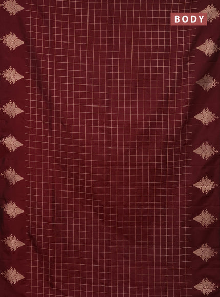 Semi soft silk saree maroon with allover zari woven checked pattern and zari woven butta border