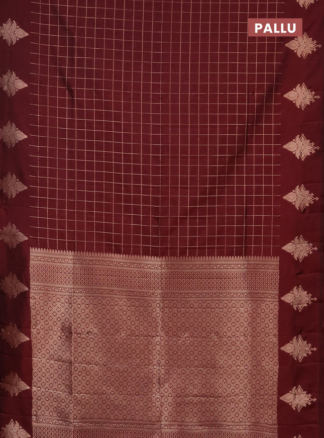 Semi soft silk saree maroon with allover zari woven checked pattern and zari woven butta border