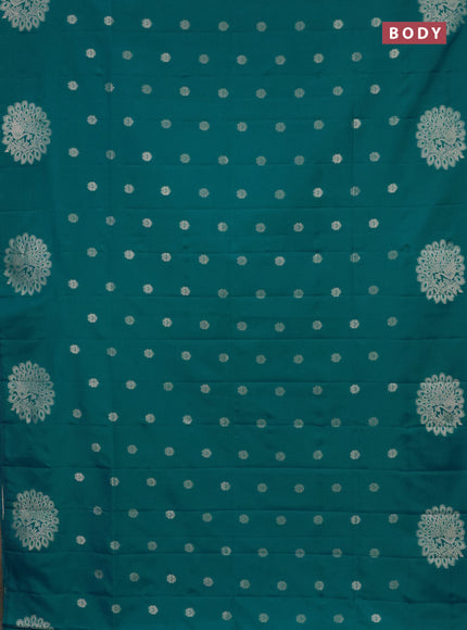 Semi soft silk saree teal blue with zari woven buttas and zari woven peacock butta border