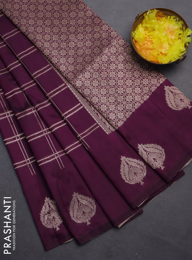 Semi soft silk saree deep purple with allover zari checked pattern and zari woven butta border