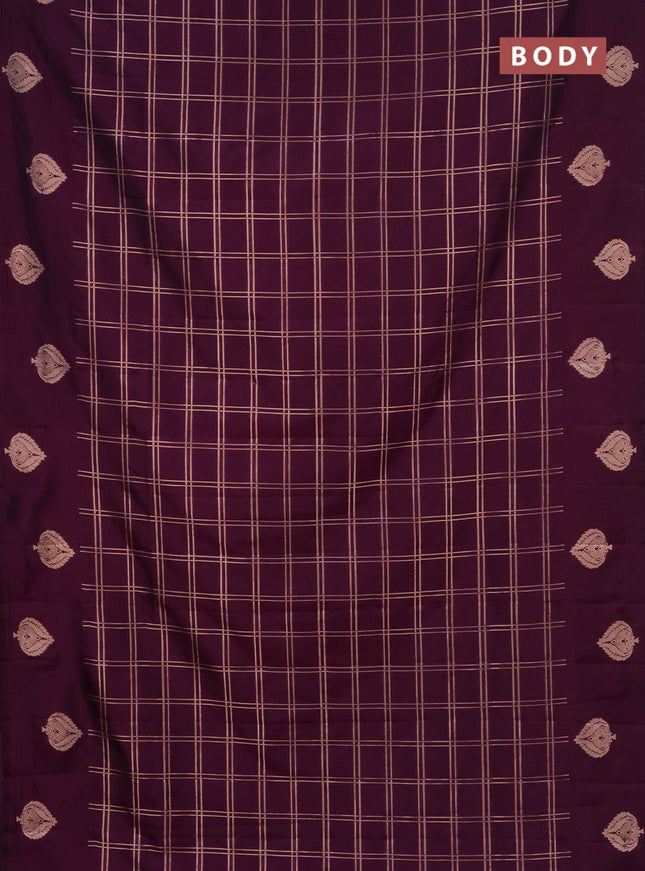 Semi soft silk saree deep purple with allover zari checked pattern and zari woven butta border