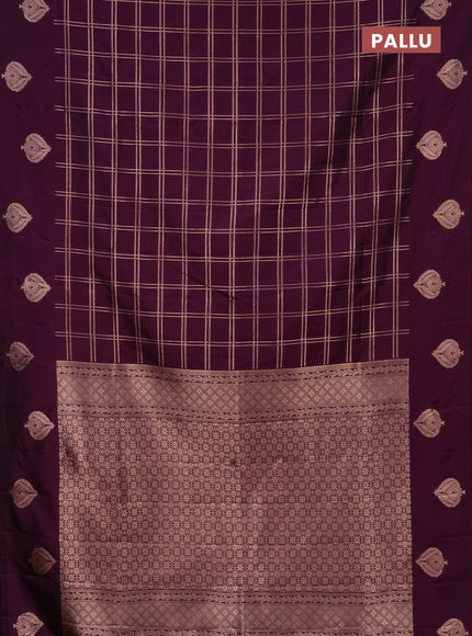 Semi soft silk saree deep purple with allover zari checked pattern and zari woven butta border
