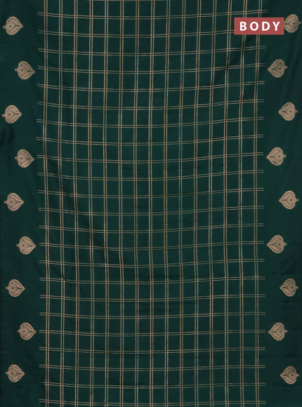 Semi soft silk saree dark green with allover zari checked pattern and zari woven butta border