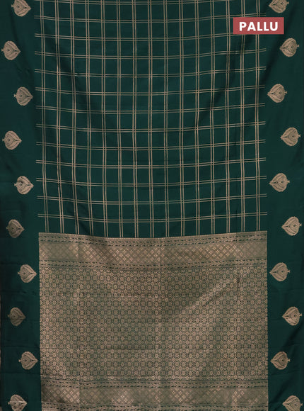 Semi soft silk saree dark green with allover zari checked pattern and zari woven butta border