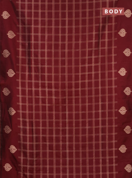 Semi soft silk saree maroon with allover zari checked pattern and zari woven butta border