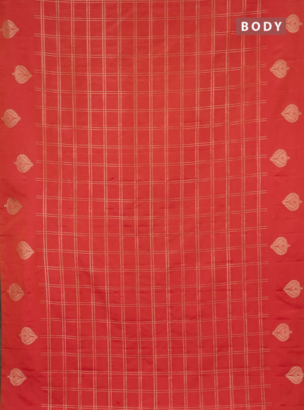 Semi soft silk saree dual shade of pinkish orange with allover zari checked pattern and zari woven butta border