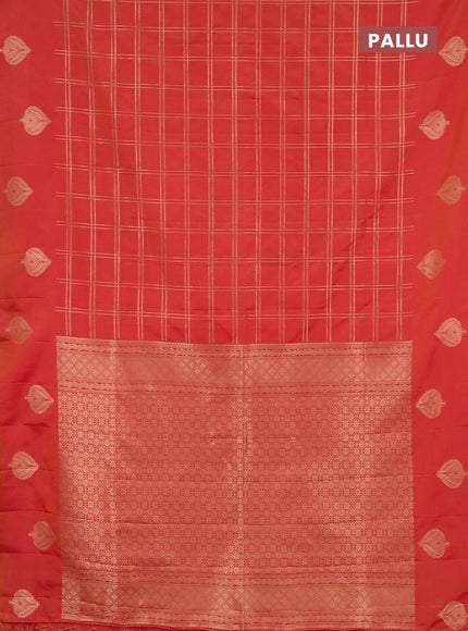 Semi soft silk saree dual shade of pinkish orange with allover zari checked pattern and zari woven butta border
