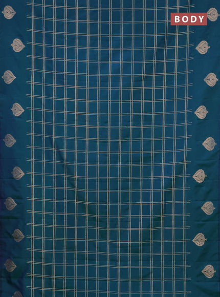 Semi soft silk saree dual shade of bluish green with allover zari checked pattern and zari woven butta border
