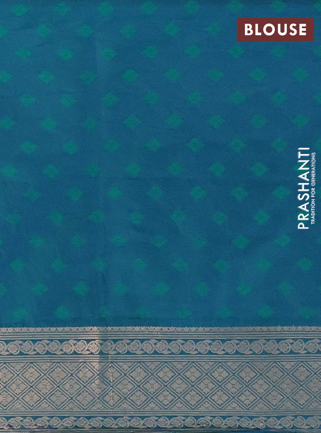 Semi soft silk saree dual shade of bluish green with allover zari checked pattern and zari woven butta border