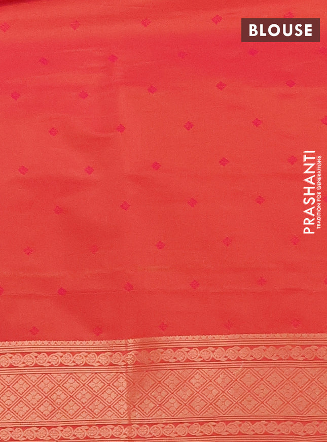 Semi soft silk saree dual shade of pinkish orange with allover zari woven checked pattern and zari woven butta border