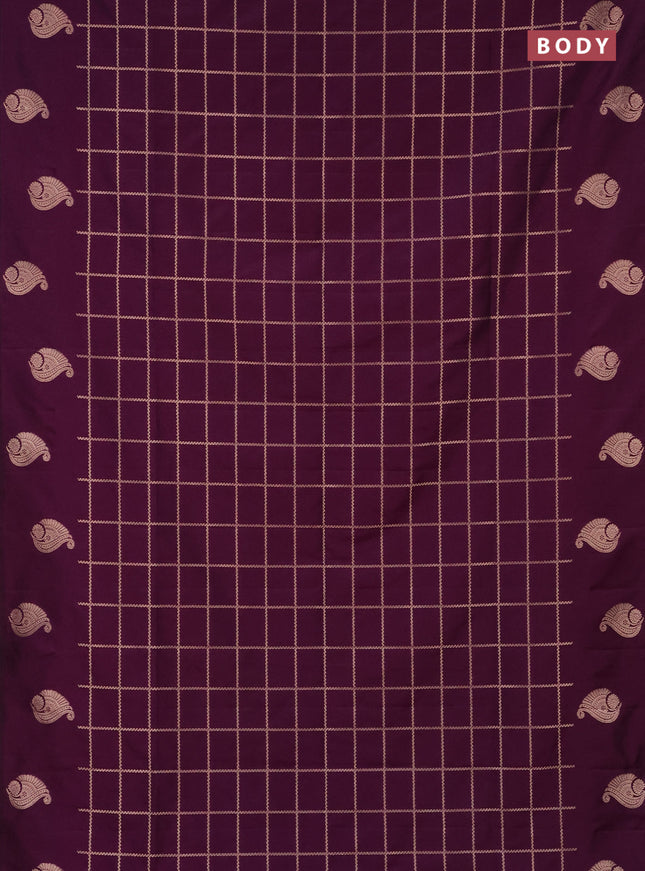 Semi soft silk saree dark purple with allover zari woven checked pattern and zari woven butta border