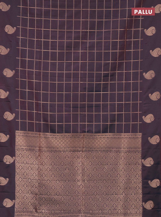 Semi soft silk saree dual shade of bluish maroon with allover zari woven checked pattern and zari woven butta border