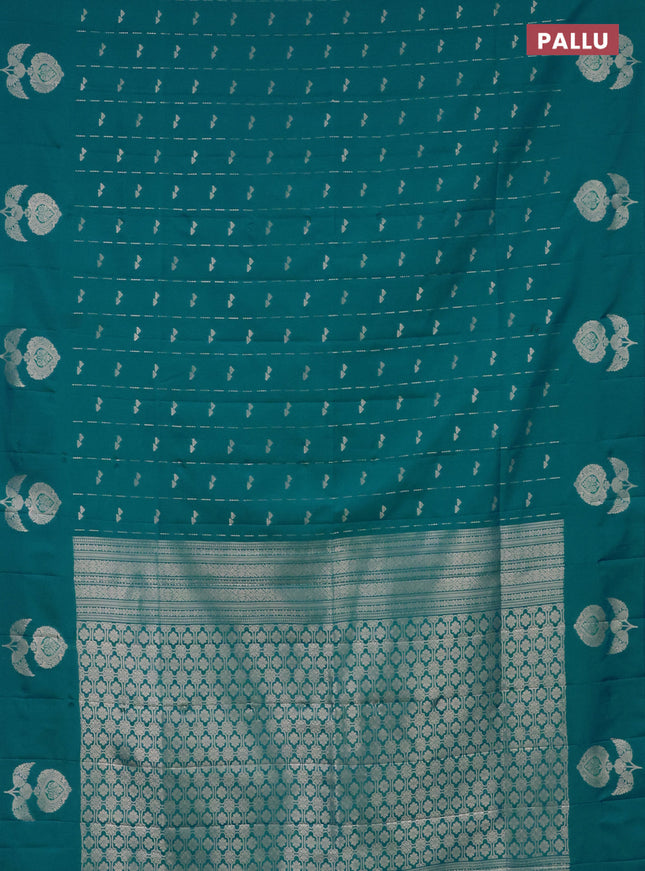 Semi soft silk saree teal blue with allover zari weaves and zari woven butta border