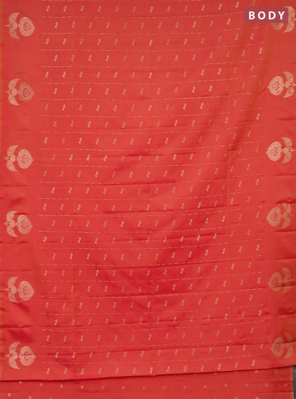 Semi soft silk saree dual shade of pinkish orange with allover zari weaves and zari woven butta border