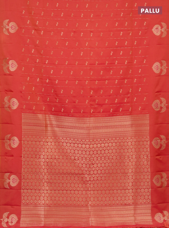 Semi soft silk saree dual shade of pinkish orange with allover zari weaves and zari woven butta border