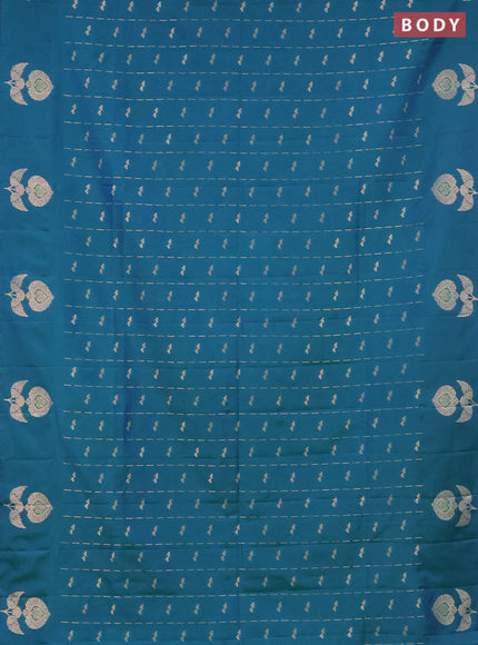 Semi soft silk saree dual shade of bluish green with allover zari weaves and zari woven butta border