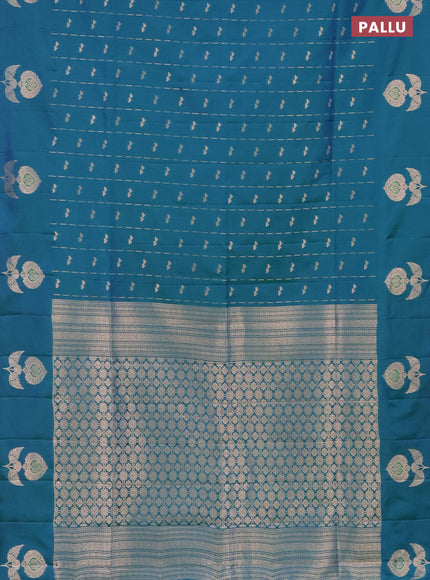 Semi soft silk saree dual shade of bluish green with allover zari weaves and zari woven butta border