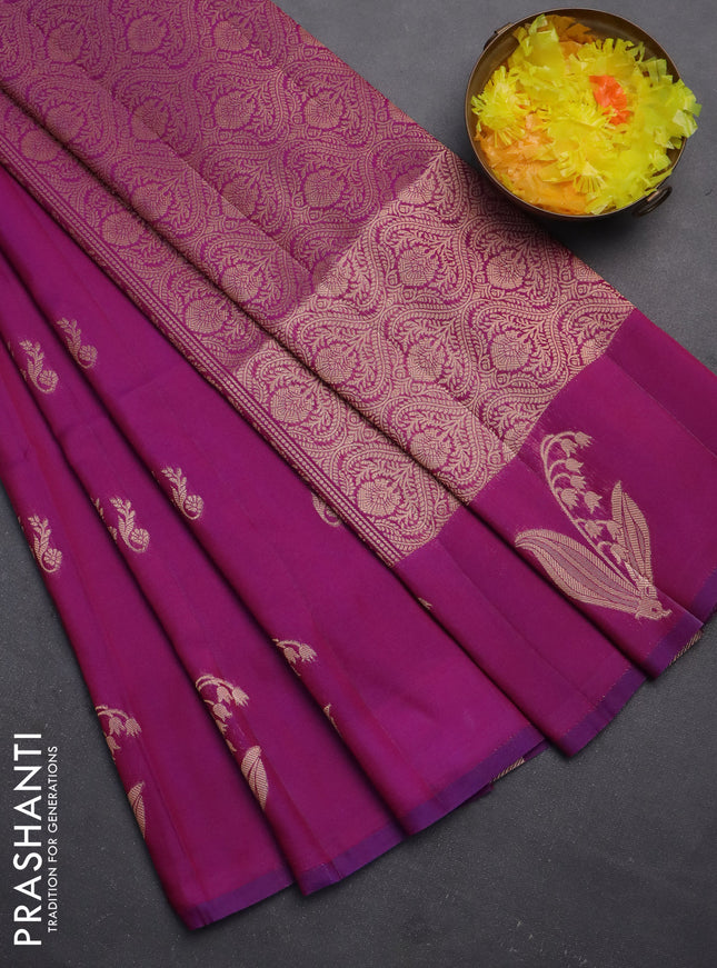 Semi soft silk saree purple with zari woven buttas and zari woven butta border