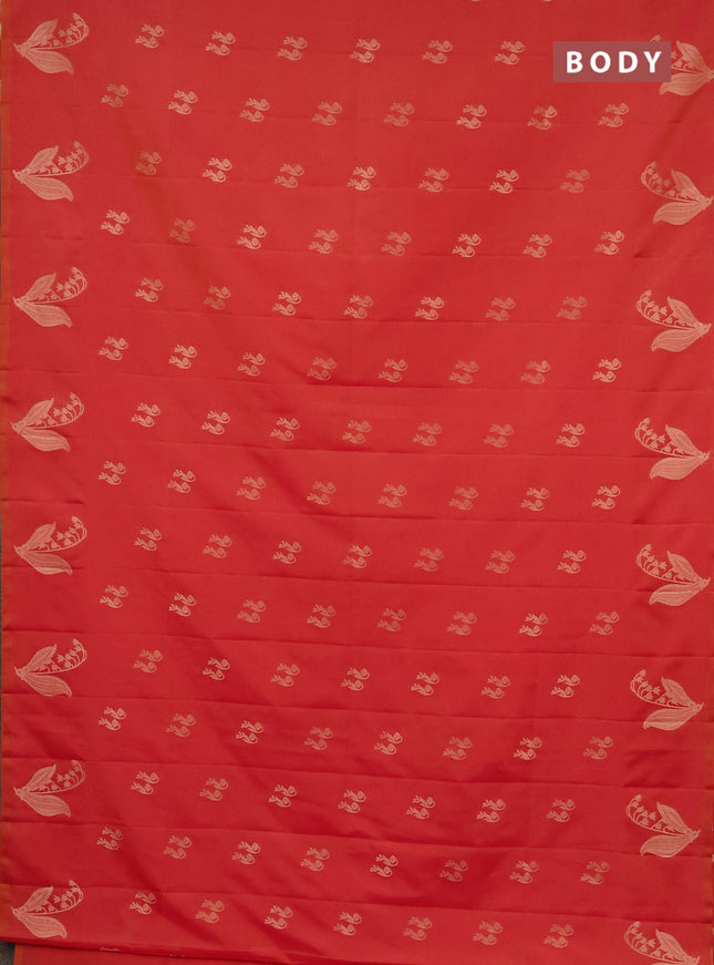 Semi soft silk saree dual shade of pinkish orange with zari woven buttas and zari woven butta border