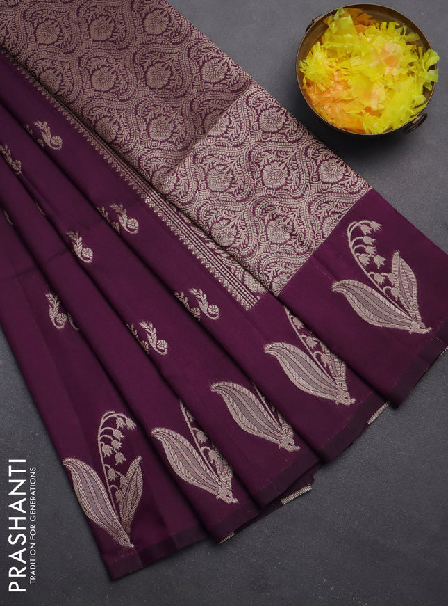 Semi soft silk saree purple with zari woven buttas and zari woven butta border