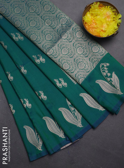 Semi soft silk saree dual shade of bluish green with zari woven buttas and zari woven butta border