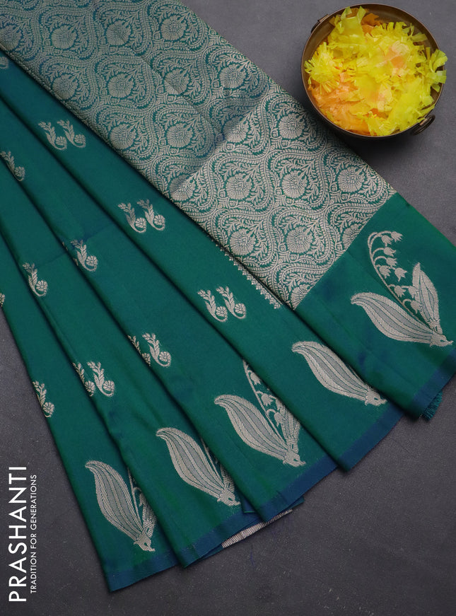 Semi soft silk saree dual shade of bluish green with zari woven buttas and zari woven butta border