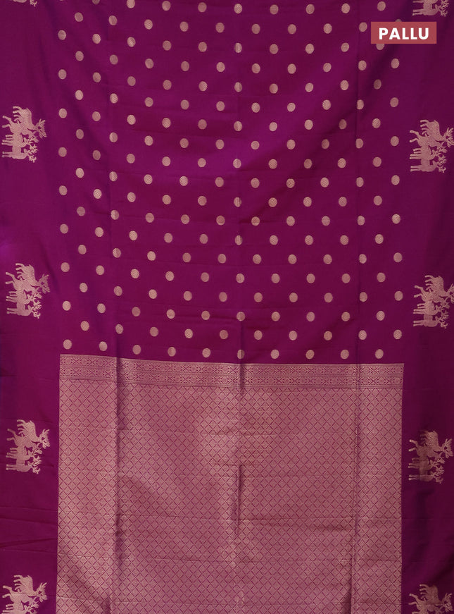 Semi soft silk saree dual shade of purple with zari woven coin buttas and zari woven deer butta border