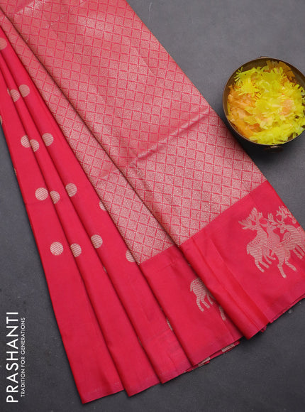 Semi soft silk saree candy pink with zari woven coin buttas and zari woven deer butta border