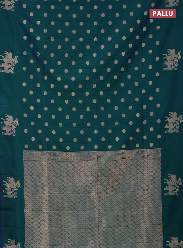 Semi soft silk saree dual shade of greenish blue with zari woven coin buttas and zari woven deer butta border