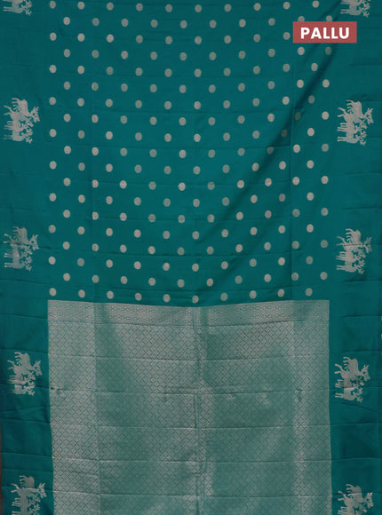 Semi soft silk saree teal blue with zari woven coin buttas and zari woven deer butta border