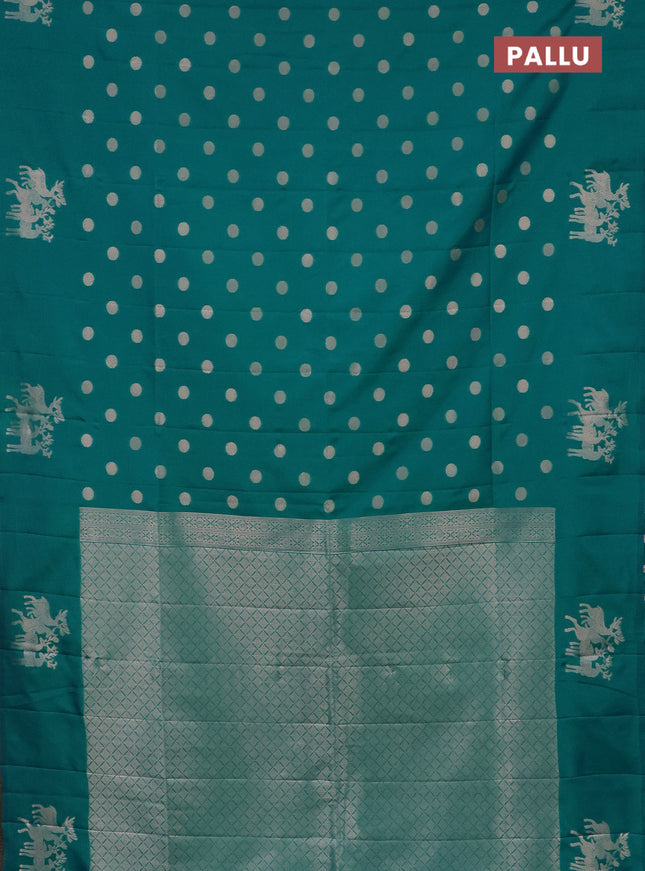 Semi soft silk saree teal blue with zari woven coin buttas and zari woven deer butta border