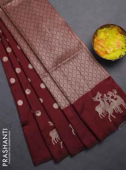 Semi soft silk saree maroon with zari woven coin buttas and zari woven deer butta border