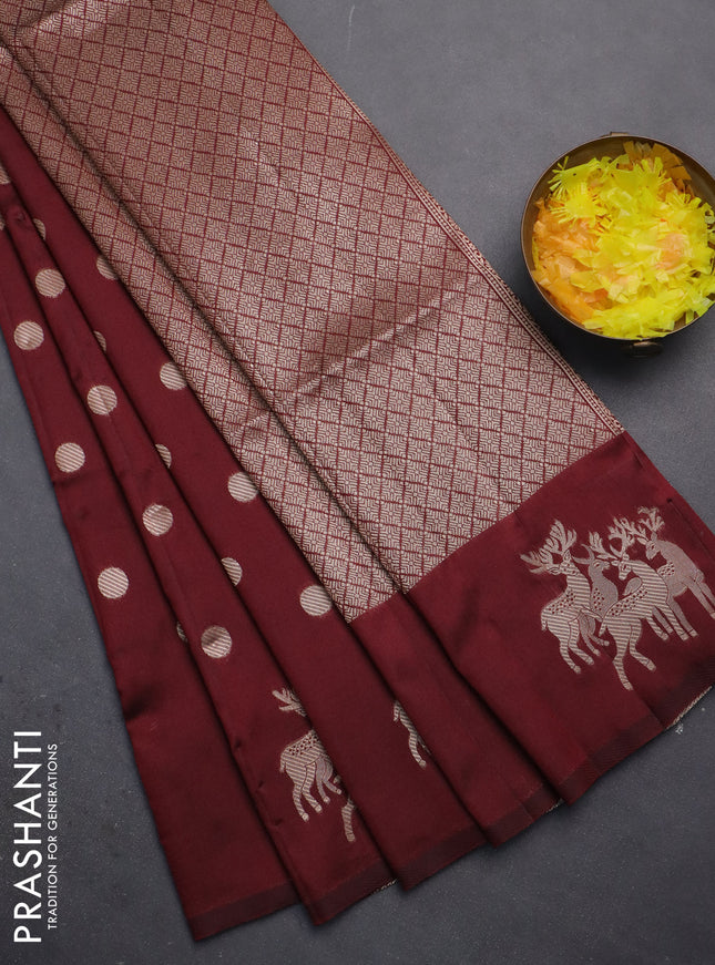 Semi soft silk saree maroon with zari woven coin buttas and zari woven deer butta border