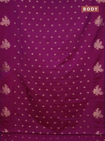 Semi soft silk saree dual shade of purple with allover zari woven buttas with zari woven bird butta border