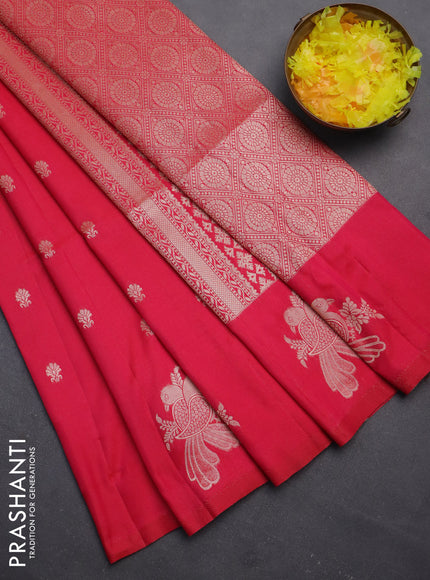 Semi soft silk saree pink with allover zari woven buttas with zari woven bird butta border