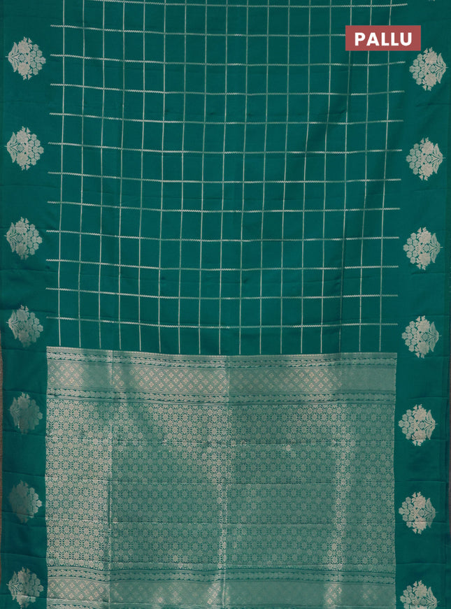 Semi soft silk saree teal green shade with allover zari woven checked pattern and zari woven floral butta border