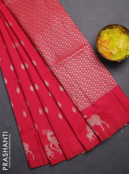 Semi soft silk saree pink with allover zari woven buttas and zari woven deer butta border