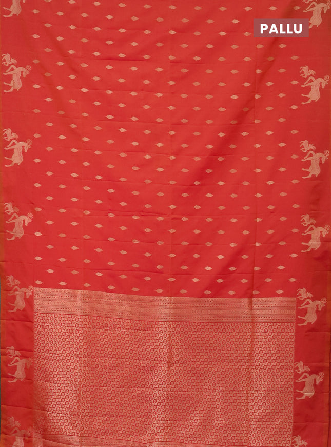 Semi soft silk saree dual shade of pinkish orange with allover zari woven buttas and zari woven deer butta border