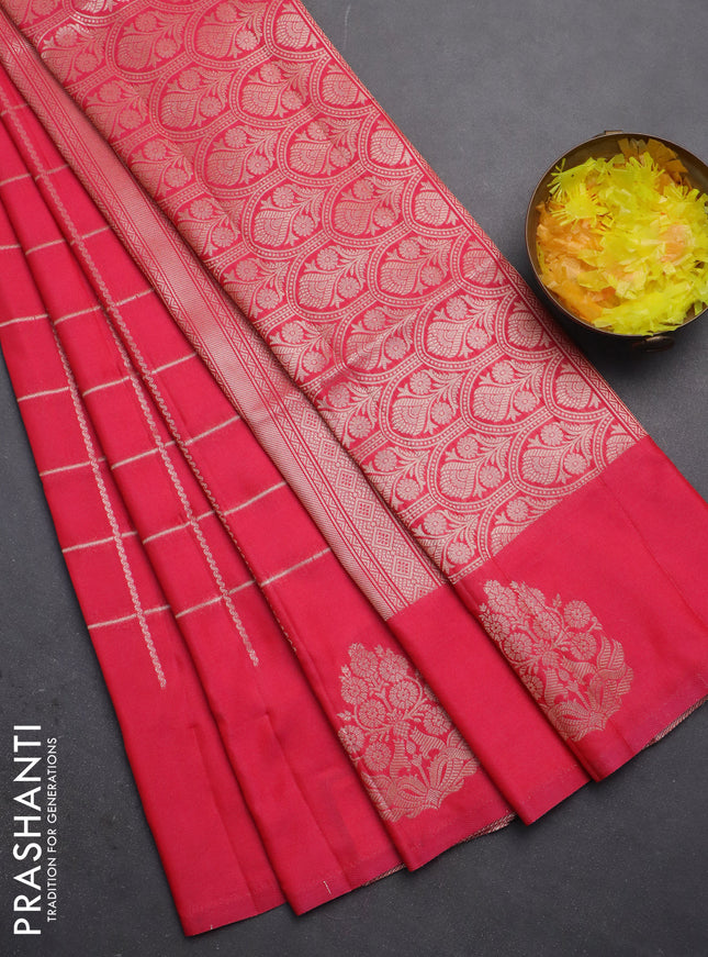 Semi soft silk saree candy pink with allover zari woven checked pattern with zari woven butta border