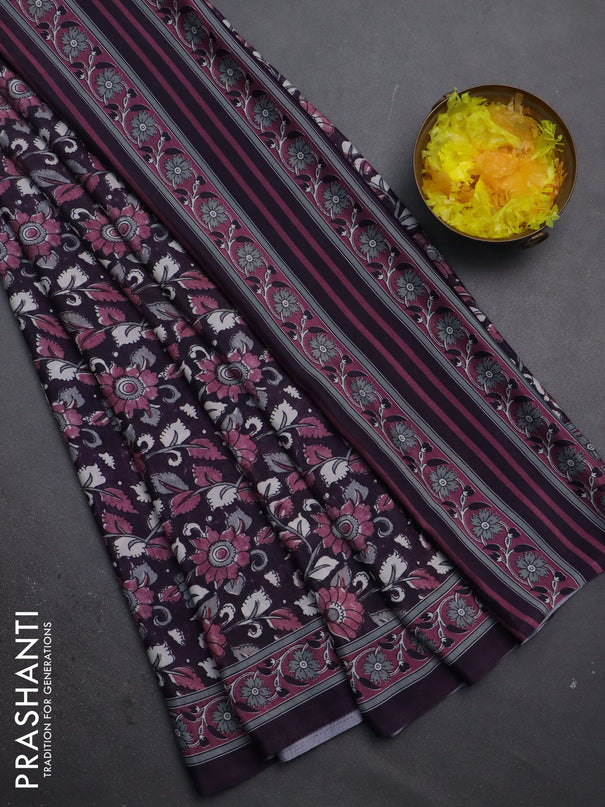 Semi crepe saree deep jamun with allover kalamkari prints and printed border