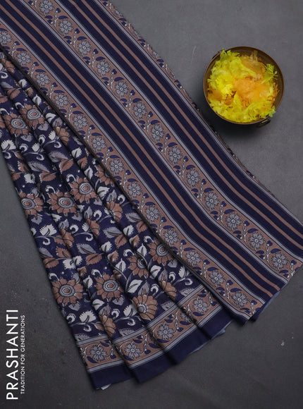 Semi crepe saree blue with allover kalamkari prints and printed border