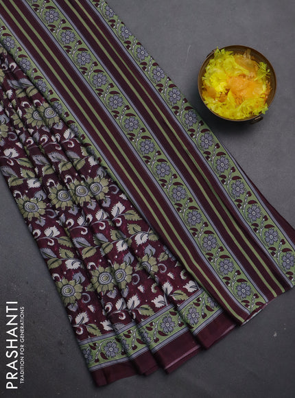 Semi crepe saree wine shade with allover kalamkari prints and printed border