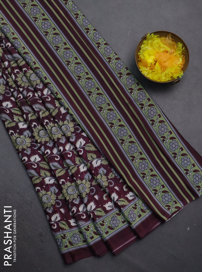 Semi crepe saree wine shade with allover kalamkari prints and printed border