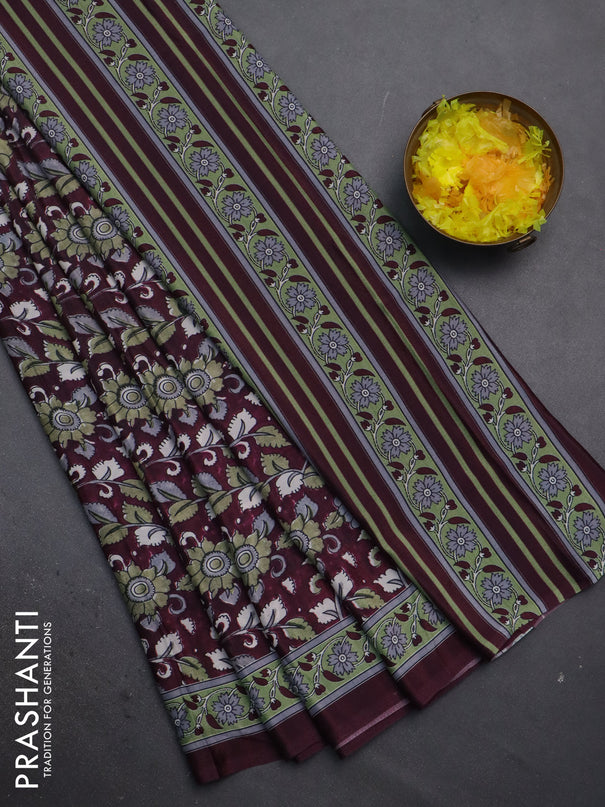 Semi crepe saree wine shade with allover kalamkari prints and printed border