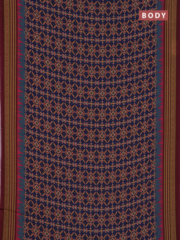 Semi crepe saree blue and maroon with allover ikat prints and printed border