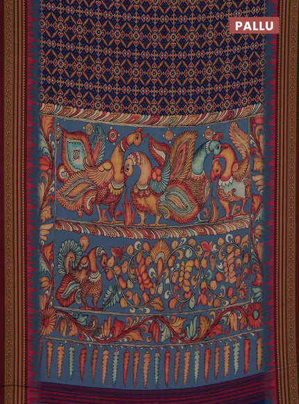 Semi crepe saree blue and maroon with allover ikat prints and printed border